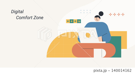Flat design of a relaxed character working on a laptop at a desk with star rating and geometric shapes, symbolizing digital comfort zone and productivity, ideal for remote work and lifestyle content. Flat design of a relaxed character working on a laptop at a desk with star rating and geometric shapes, symbolizing digital comfort zone and productivity, ideal for remote work and lifestyle content. 140014162
