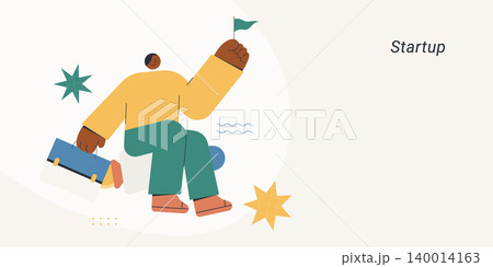 Flat design of a confident character riding a rocket while holding a flag with star burst elements, symbolizing startup launch and entrepreneurial ambition, ideal for business and innovation content. 140014163