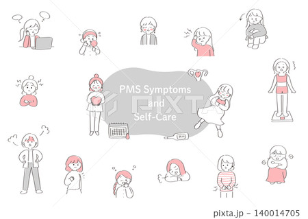 PMSに悩む女性とセルフケアのかわいい手書き人物イラストセット PMSに悩む女性とセルフケアのかわいい手書き人物イラストセット 140014705