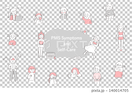 A set of cute, hand-drawn illustrations of women suffering from PMS and self-care. A set of cute, hand-drawn illustrations of women suffering from PMS and self-care. 140014705