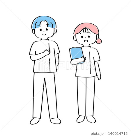男女の看護師のゆるかわいい手書きイラスト 140014713