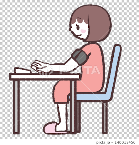側視圖,描繪了一位女士測量血壓的情景。 側視圖,描繪了一位女士測量血壓的情景。 140015450