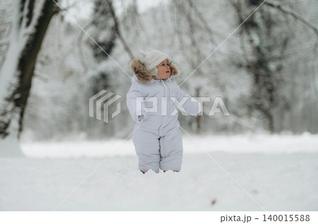 Child in white snowsuit with fur-lined hood stands in snowy landscape, surrounded by trees, enjoying winter wonderland, capturing the essence of childhood joy and exploration Child in white snowsuit with fur-lined hood stands in snowy landscape, surrounded by trees, enjoying winter wonderland, capturing the essence of childhood joy and exploration 140015588