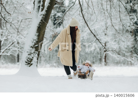 Woman in cozy winter attire joyfully pulls a sled with a child through a snowy landscape, surrounded by trees, capturing the essence of winter fun and family bonding Woman in cozy winter attire joyfully pulls a sled with a child through a snowy landscape, surrounded by trees, capturing the essence of winter fun and family bonding 140015606