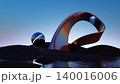 3D render, Surreal metallic arch and glass sphere on dark dunes with calm water and blue sky 140016006