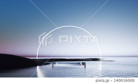 3D render, Minimal glowing arch over calm water with futuristic platform in surreal landscape 140016008