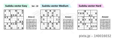 Sudoku game with answers. Simple vector design set Sudoku. Blank template. Complexity of the task is medium, easy, hard. Sudoku game with answers. Simple vector design set Sudoku. Blank template. Complexity of the task is medium, easy, hard. 140016032
