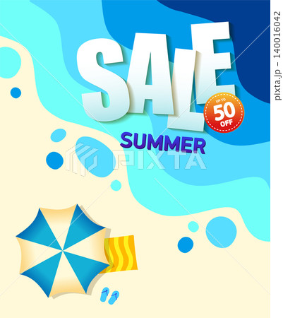 top view of summer beach waves background. Summer sale lettering template banner. vector poster set with 50 . blue and orange color. Vector illustration top view of summer beach waves background. Summer sale lettering template banner. vector poster set with 50 . blue and orange color. Vector illustration 140016042