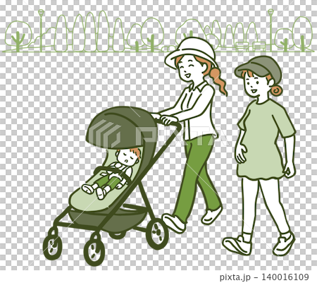 Stroller walking and maternity walking: Earth-toned illustration with a park background. Stroller walking and maternity walking: Earth-toned illustration with a park background. 140016109