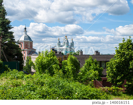 Scenic landscape of Smolensk city center with the Dormition Cathedral under a cloudy sky. Scenic landscape of Smolensk city center with the Dormition Cathedral under a cloudy sky. 140016151