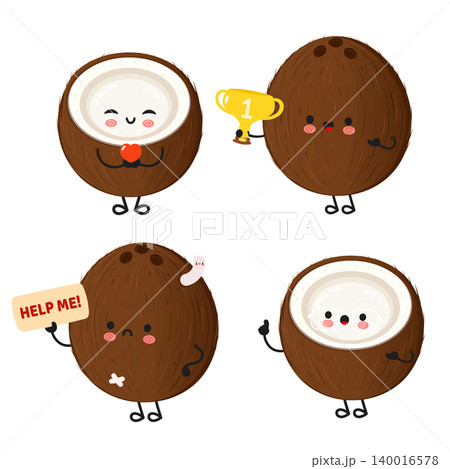 Cute coconut cartoon characters expressing emotion set Cute coconut cartoon characters expressing emotion set 140016578