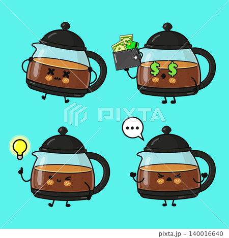 Coffee pot character showing various emotions and concepts Coffee pot character showing various emotions and concepts 140016640