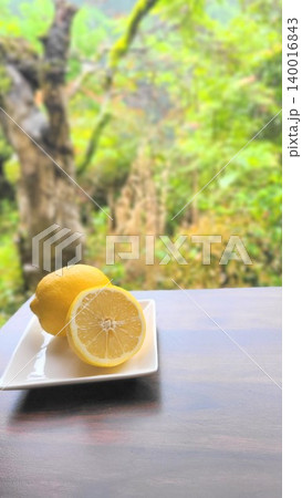 新緑の背景と白い皿に載った鮮やかなレモン(丸ごととカット) 新緑の背景と白い皿に載った鮮やかなレモン(丸ごととカット) 140016843