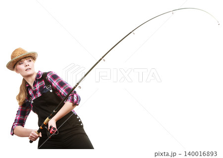 Focused woman in sun hat holding fishing rod 140016893