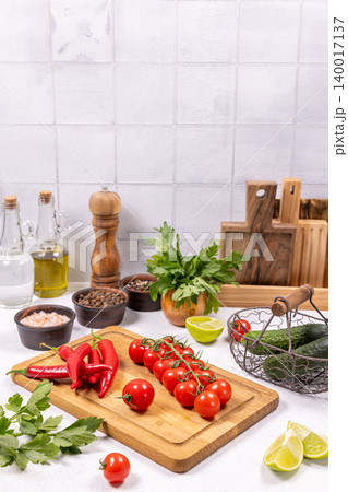Fresh vegetables and spices preparing healthy cooking ingredients 140017137