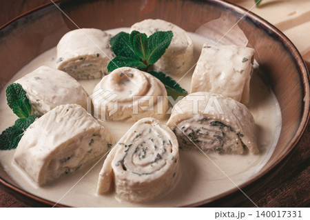 Gebjalia, a traditional Georgian dish, cold appetizer of cheese with mint, Megrelian cuisine, Gebjalia, a traditional Georgian dish, cold appetizer of cheese with mint, Megrelian cuisine, 140017331