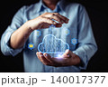 A person holding a glowing digital cloud icon representing cloud computing, data security, storage, and modern technology solutions for business innovation and seamless digital transformation. 140017377
