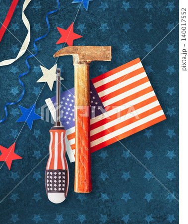 Patriotic Labor Day Composition with Hammer, American Flag, and Stars Patriotic Labor Day Composition with Hammer, American Flag, and Stars 140017552