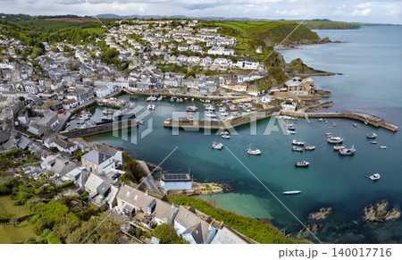 Aerial views of the harbor in the coastal village Mevagissey in Cornwall, United Kingdom 140017716