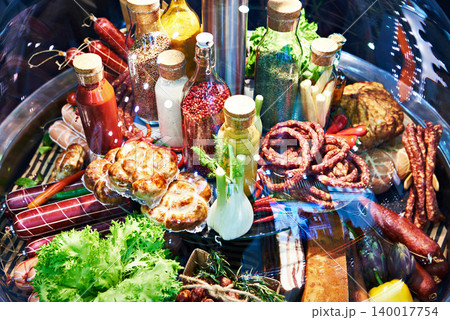 Still Life with food and bottles 140017754