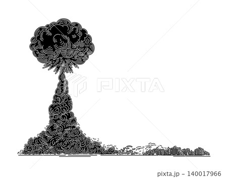 Nuclear explosion is approaching the city. Black outline graphic silhouette isolated on white background. Stock vector illustration. Concept of technological disaster in vintage hand drawn style Nuclear explosion is approaching the city. Black outline graphic silhouette isolated on white background. Stock vector illustration. Concept of technological disaster in vintage hand drawn style 140017966