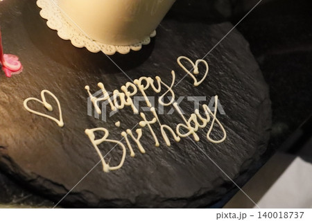 Birthday Cake with 'Happy Birthday' Icing and Candle Birthday Cake with 'Happy Birthday' Icing and Candle 140018737