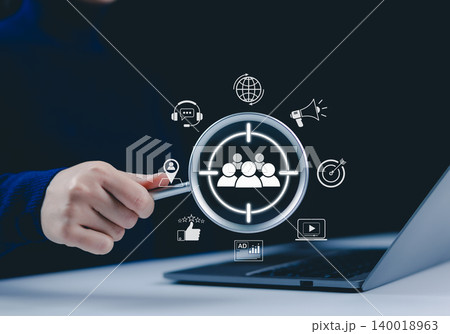 Digital marketing and target audience concept. Magnifying glass over a digital interface with marketing and customer targeting icons, audience analysis, online advertising, and business strategy. AD, Digital marketing and target audience concept. Magnifying glass over a digital interface with marketing and customer targeting icons, audience analysis, online advertising, and business strategy. AD, 140018963