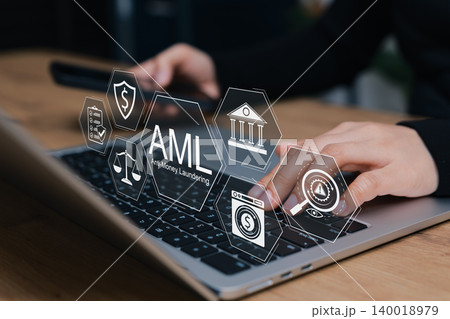 AML Anti-Money Laundering concept. business person typing on laptop interacting with digital icons of financial law, fraud protection, compliance, regulations, transaction screening, crime prevention, AML Anti-Money Laundering concept. business person typing on laptop interacting with digital icons of financial law, fraud protection, compliance, regulations, transaction screening, crime prevention, 140018979