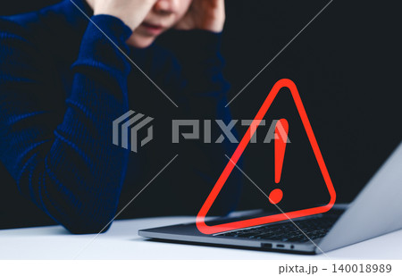Warning alert system concept. A woman working on the computer, hacked on the computer network, crime and virus, Malicious software, compromised information, illegal connection, data vulnerability, Warning alert system concept. A woman working on the computer, hacked on the computer network, crime and virus, Malicious software, compromised information, illegal connection, data vulnerability, 140018989