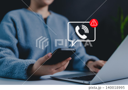 Phone scam alert notification concept. A person holding a smartphone with a digital scam warning notification, fraudulent calls, cybersecurity threats, and telecommunication security awareness. fraud, 140018995