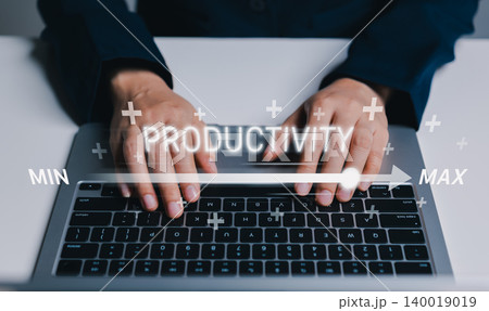 Productivity optimization and work efficiency concept. Increase productivity scale from min to max, showing task improvement, workflow performance, time management, business growth, efficient, Productivity optimization and work efficiency concept. Increase productivity scale from min to max, showing task improvement, workflow performance, time management, business growth, efficient, 140019019