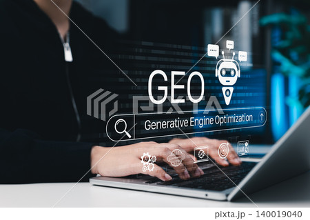GEO generative engine optimization and AI search engine digital marketing concept. User using laptop with chatbot, search bar, analytics icons, content optimization, automation, future SEO workflow, GEO generative engine optimization and AI search engine digital marketing concept. User using laptop with chatbot, search bar, analytics icons, content optimization, automation, future SEO workflow, 140019040