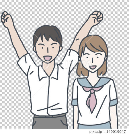 一幅插圖,描繪了身穿夏季校服的男女學生面帶微笑,擺出勝利姿勢。 一幅插圖,描繪了身穿夏季校服的男女學生面帶微笑,擺出勝利姿勢。 140019047