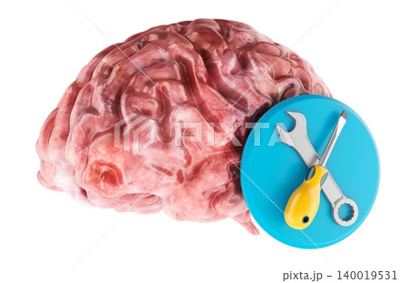 Human brain with tools icon. Brain repair neurorehabilitation cognitive recovery and mental health service concept, 3d rendering 140019531