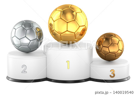 Soccer winner podium with gold silver and bronze balls, 3d rendering 140019540