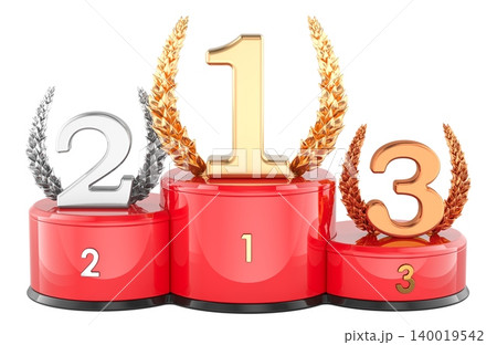 Winner podium with numbers and laurel wreaths, 3d rendering Winner podium with numbers and laurel wreaths, 3d rendering 140019542
