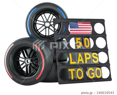 American racing with flag of the USA and racing wheels with different compounds type tyres. 3D rendering American racing with flag of the USA and racing wheels with different compounds type tyres. 3D rendering 140019543