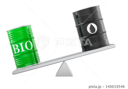 Biofuel or Oil barrel, energy balance concept. 3D rendering Biofuel or Oil barrel, energy balance concept. 3D rendering 140019546