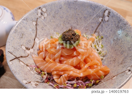 Salmon Sashimi Bowl with Avocado and Sprouts Salmon Sashimi Bowl with Avocado and Sprouts 140019763