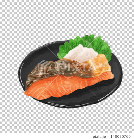 水彩で描いた皿に盛られた鮭のイラスト 水彩で描いた皿に盛られた鮭のイラスト 140020760