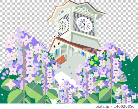 初夏時節,一座鐘樓上開滿了丁香花,向量插圖。 初夏時節,一座鐘樓上開滿了丁香花,向量插圖。 140020856
