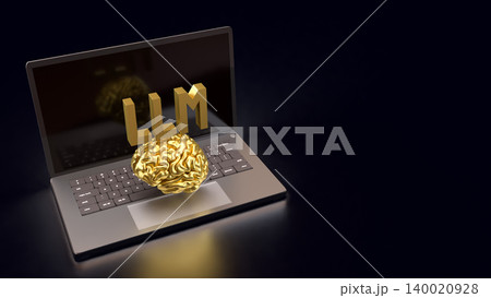 Golden Brain and LLM Laptop Concept 3d render. Golden Brain and LLM Laptop Concept 3d render. 140020928