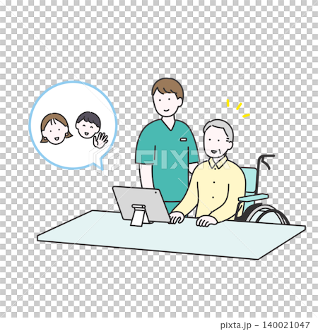 An illustrative image of online visits in elderly care facilities. An illustrative image of online visits in elderly care facilities. 140021047