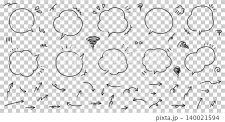 手書き風のシンプルな吹き出しと矢印のベクターイラストセット。ふきだし、フレーム、落書き 140021594