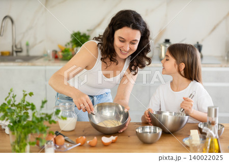 Mom and girl are talking in kitchen and mixing ingredients for pastry in bowl with whisk 140022025