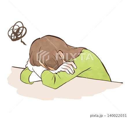 顔を赤くして机に突っ伏す若い女性 水彩風の手描きイラスト素材 顔を赤くして机に突っ伏す若い女性 水彩風の手描きイラスト素材 140022031