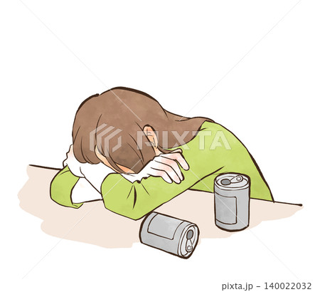 お酒で酔い潰れて机に突っ伏す若い女性 水彩風の手描きイラスト素材 お酒で酔い潰れて机に突っ伏す若い女性 水彩風の手描きイラスト素材 140022032