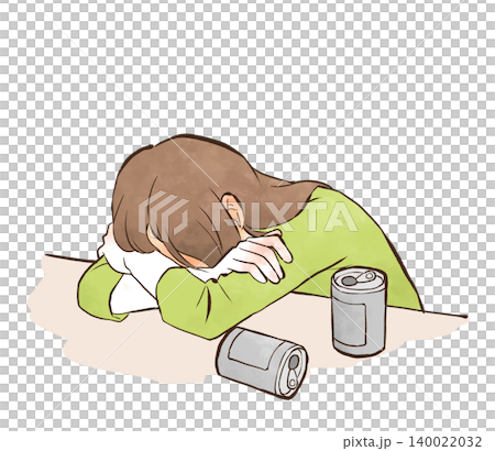 お酒で酔い潰れて机に突っ伏す若い女性 水彩風の手描きイラスト素材 お酒で酔い潰れて机に突っ伏す若い女性 水彩風の手描きイラスト素材 140022032