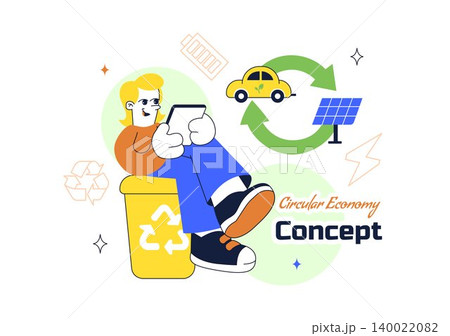 Circular Economy Vector Illustration Featuring Recycling Process, Renewable Energy, Green Industry, Sustainable Business and Eco Lifestyle Design Circular Economy Vector Illustration Featuring Recycling Process, Renewable Energy, Green Industry, Sustainable Business and Eco Lifestyle Design 140022082
