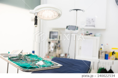 Surgical room in veterinary hospital equipped with apparatus and equipped with necessary tools 140022534